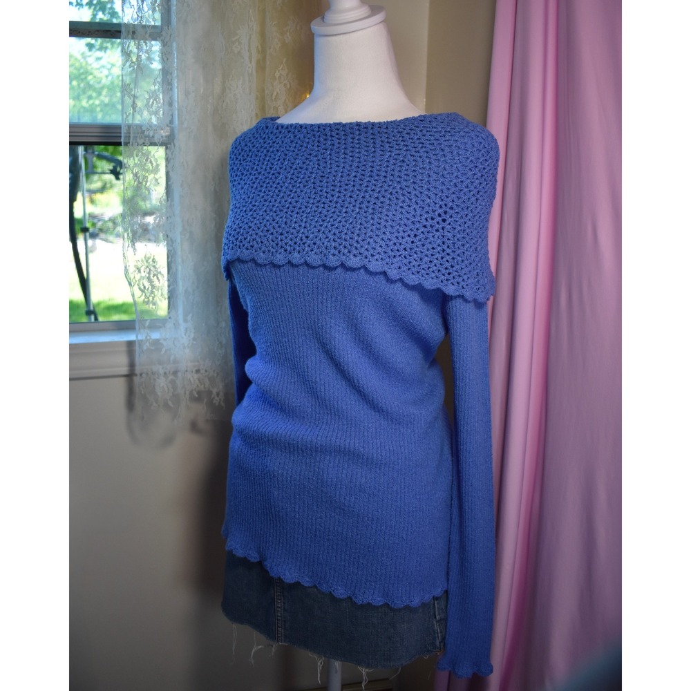 April Cornell Periwinkle Blue Crochet Overlay Ribbed Knit Sweater Medium NWT